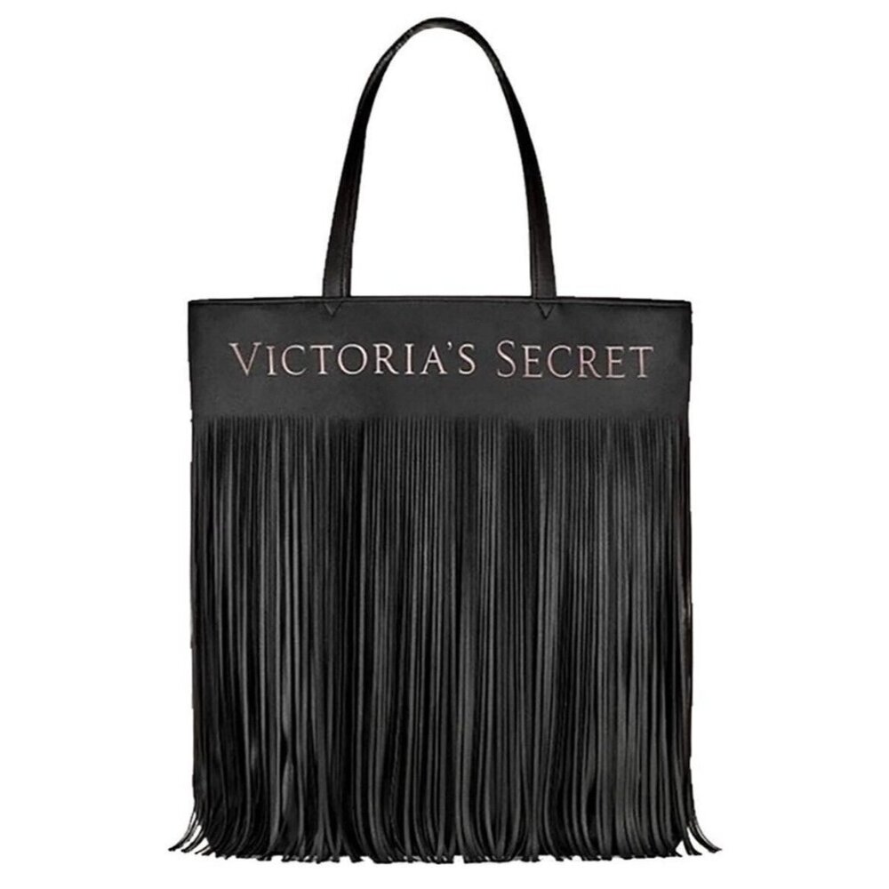 Victorias Secret Limited Edition Large Fringed Tote Black Vegan Leather NWT